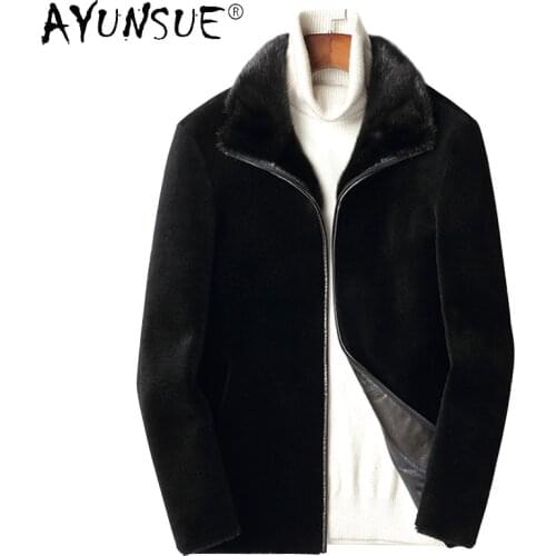 AYUNSUE Fashion Real Fur Coat Men Sheep Shearing Jacket Natural Milk Fur Collar Coats Warm Wool Overcoat Mens Clothes WPY4106