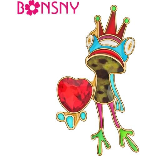 Bonsny Enamel Alloy Rhinestone Heart Crown Frog Brooches Cute Animal Clothes Jewelry For Women Lover Wedding Gift Accessories