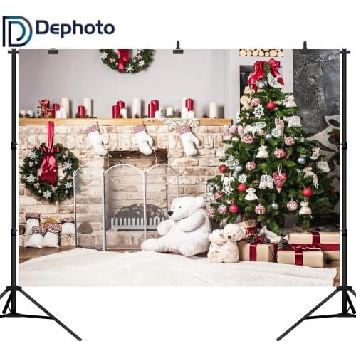 Dephoto Fireplace Socks Gifts Bear Decor Christmas Photography Backdrops for Photo Studio Backgrounds for Children Party Photo