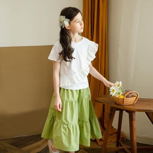 Girls Clothes Sets 2021 Summer Children White Tops Shirts + Green Skirts 2 Pcs Suit Outfits Girl Boutique Kids Clothing 4-14Y