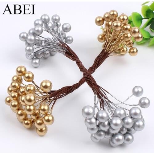 8mm 100pcs/lot Gold Cherry Artificial Flower Stamens Fake Foam Silver Berry DIY Scrapbook Wreath Christmas Wedding Decoration