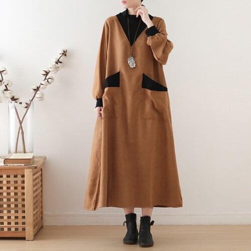 Johnature Women Turtleneck Knitted Dresses Vintage Cotton Blend Patchwork Pockets 2021 Autumn New Loose Female Loose Dresses