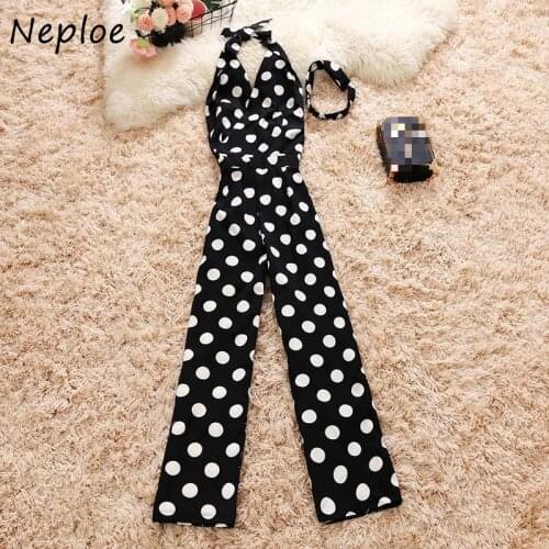 Neploe Temperament Hanging Neck Jumpsuit Women V Neck Sleeveless Off Shoulder Dot Bodysuit 2021 Summer Fashion Wide-leg Playsuit