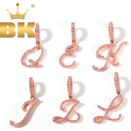 THE BLING KING Custom Cursive Pink Initial Letter A-Z Pendant Necklace Fashion Iced Cubic Zirconia Hiphop Jewelry Best Gift