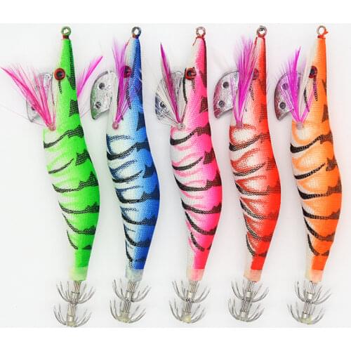 Squid Jigs Fishing Lures 5pcs/set 2.5# 3.0# Striped Luminous Wood Shrimp with Octopus Squid Jig Hooks Cuttlefish Fishing Lures