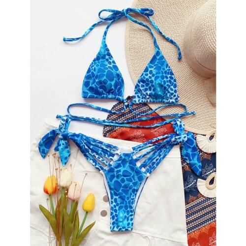 Swimwear Sling printing bikini Sexy lady tankini swimsuit two pieces low waist blue biquini set bandage Bathing suit women 2021