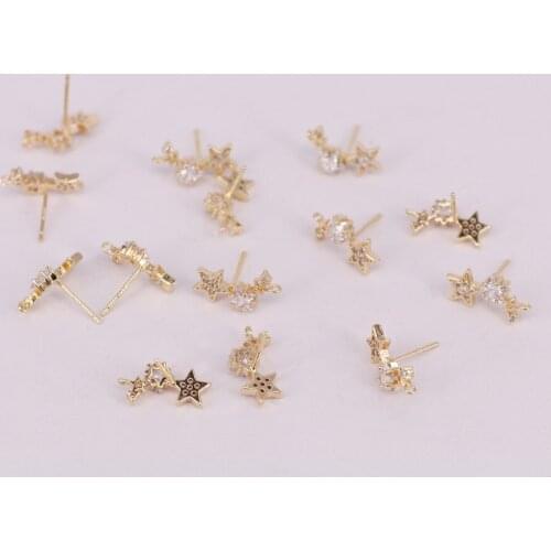 Brass star link star ear stud fittings with cz silver pin allergy free high quality gold plated DIY jewelry accessory