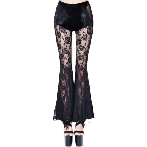 EVA LADY New New Gothic Pants Womens Black Lace Long Flare Pants See Through Sexy Lady Elastic High Waist Pants