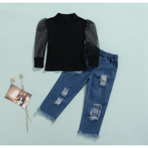 Fall Autumn Girls Clothes Set Dot Print Mesh Sleeve Top Ripped Denim Pants Baby Kids Girls Clothing