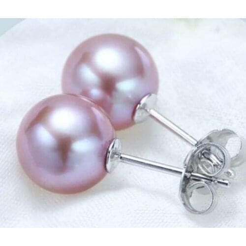 A pair 9- 10mm natural south sea genuine round lavender pearl earring silver