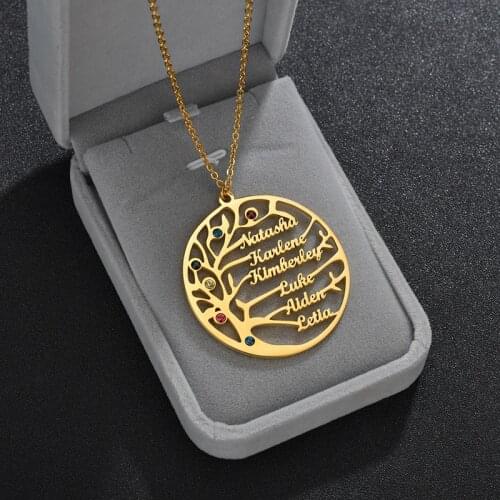 Personalized Jewelry Tree Custom Name Necklace Stainless Steel Golden Family Tree Pendant Necklace Christmas Gift