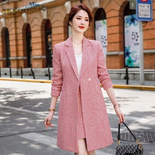 Novelty Plaid Middle Long Windbreaker Formal OL Styles Blazers Set Jackets Coat Autumn Winer Women Professional Outwear Overcoat