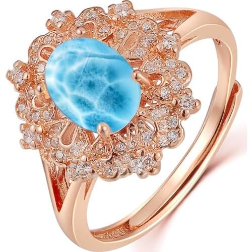 Adjustable Size Ring 925 Silver Metal Rose Gold Plated Oval 1.25ct Larimar Gemstones Ring Natural Larimar Silver Rings