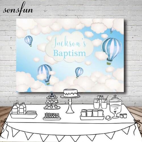 Sensfun Boys Baptism Baby Shower Backdrop Coulds Hot Air Balloons Light Blue Theme Birthday Party Photography Backgrounds 7x5ft
