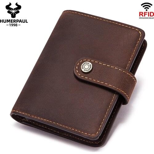 HUMERPAUL New Rfid Anti-magnetic Card Holders Cow Leather Smart Wallets Men Bussiness Purse Vintage Short Money Bag Dropshipping