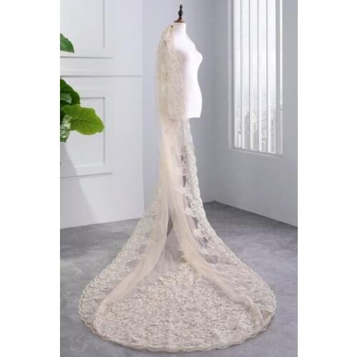 Champagne Lace Sequins One Tier Cathedral Wedding Veils 3M Long Bride Tulle Veil Accessory With Comb
