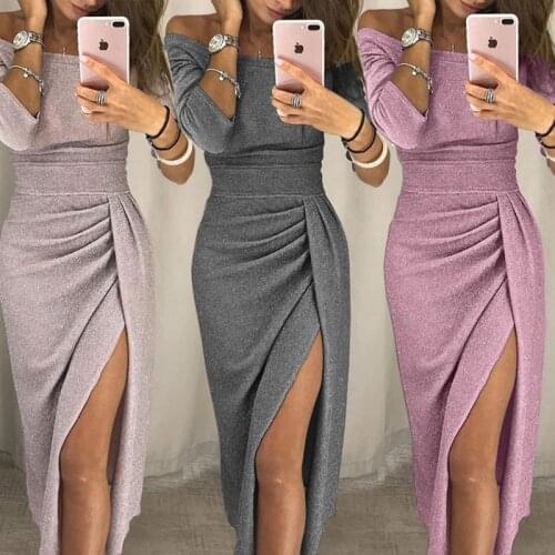 Spring 2021 Women Off Shoulder Slash Neck Dress Elegant Package Hip Party Dress High Waist Bodycon High Split Sexy Long Dress