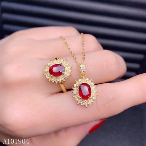 KJJEAXCMY boutique jewelry 925 sterling silver inlaid natural ruby female ring necklace pendant set support detection