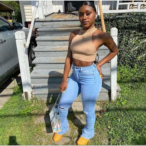 Stacked Pants Ladies Ripped Jeans Streetwear Fashion High Waist Pleated Skinny Ripped Casual Jeans Женские рваные джинсы