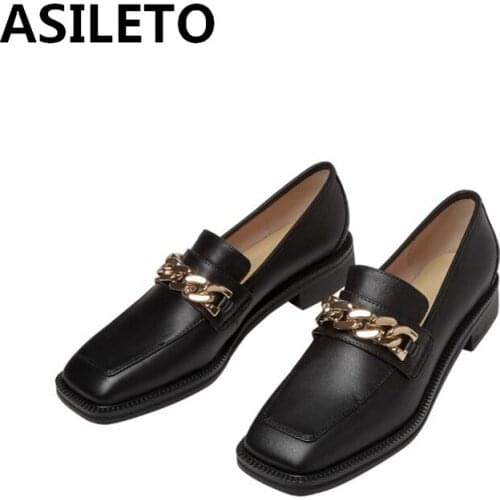 ASILETO Genuine Leather Flat Toe Med Heel Comfortable Shoes British Style Metal Chain Decoration Loafers Women Pumps Size 3