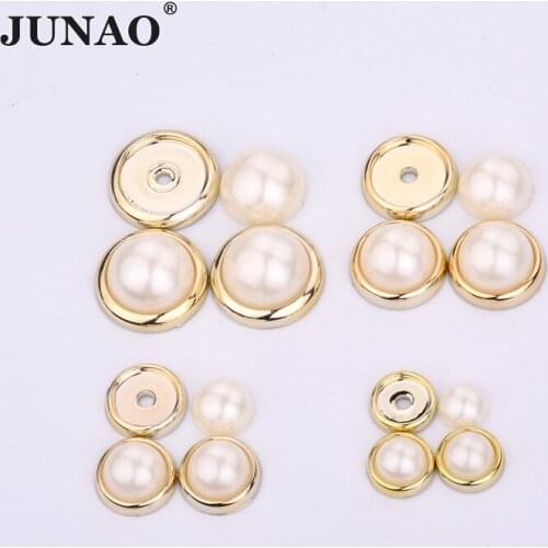 JUNAO 6 8 10 12 14mm White Pearls Beads Appliques Plastic Spikes Studs Round Pearl Rivet for Leather Clothes Shoes DIY Crafts