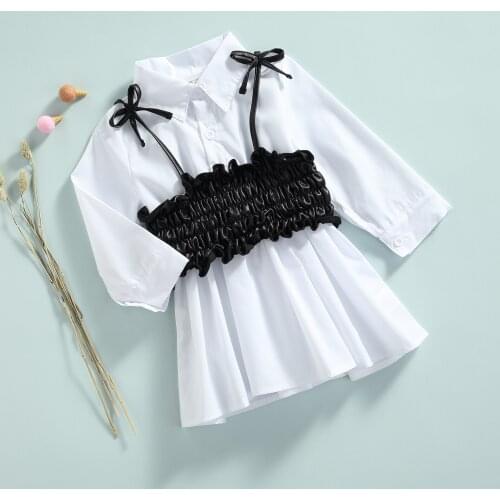 Children Casual Fashion Outfits Autumn Clothes Long Sleeve Lapel Shirt Dress + Camisole Leather Vest Infant Baby Girls Clothings