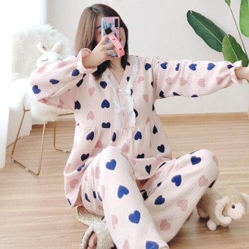 Home wear simple autumn winter suit womens long-sleeve sleepwear cotton 2PCs pregnant women sexy underwear lace print gown