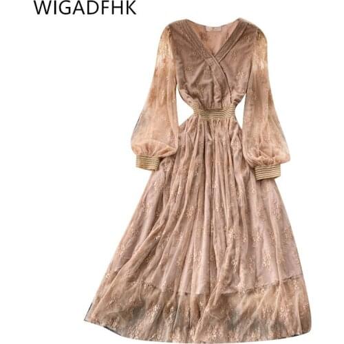 WIGADFHK Elegant Womens Long-sleeved Dress 2021 Autumn New Product Temperament V-neck Lace Mesh Midi Skirt Womens Clothing