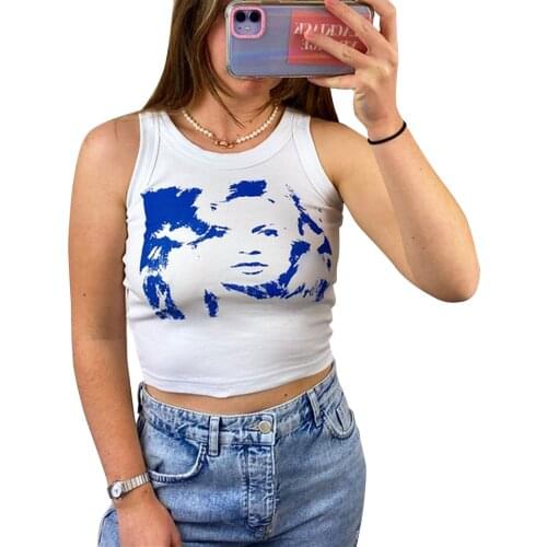 Summer Ladies Sexy Casual Tops Camisole Creative Human Face Printing Round Collar Sleeveless Tops Slim Base Shirt