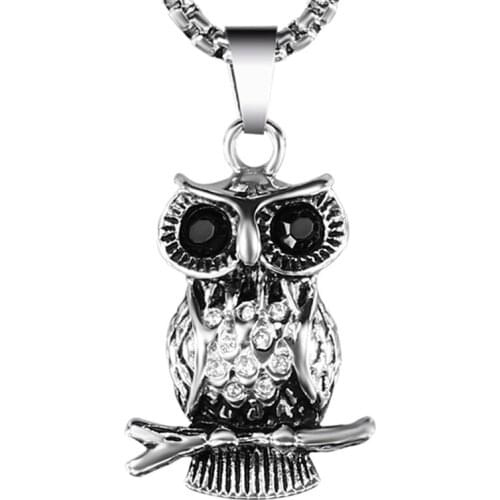 RIR Hot Sale Wholesale Price New Hot Sales Jewelry Mens Personality Titanium Steel Fashion Inlay Crystal Owl Necklace Pendant