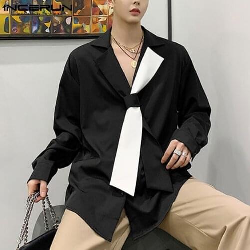 2021 Men Shirt Patchwork Lapel Personality Long Sleeve Loose Fashion Camisas Streetwear Casual Shirts With Tie INCERUN S-5XL 7