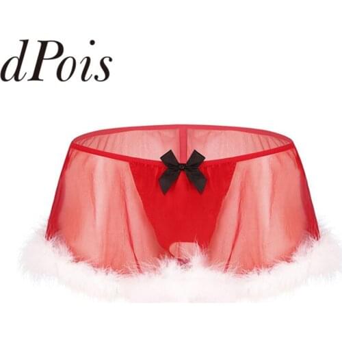 Men Christmas Costume See Through Sheer Elastic Low Rise White Feather Hem G-string Panty Skirt Panties