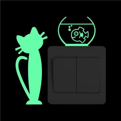 Funny Cat and Fish Friend Glow in the Dark Switch Sticker Romantic Cartoon Luminous Wall Stickers for Kids Room Child Home Decor
