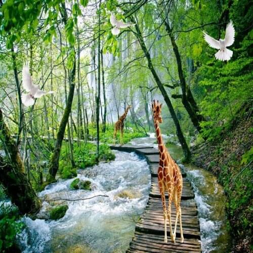 Dropship Colomac Green Wallpaper Small Bridge Flowing Water Forest Giraffe Wallpaper Children Papel Mural 3d Home Improvement