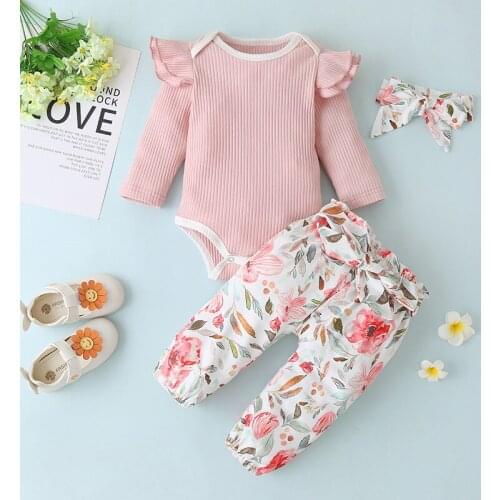 Newborn baby clothes 3pcs baby girl one-piece romper solid color pit strip flying sleeve romper + floral trousers baby girl suit