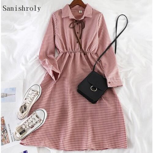Sanishroly Autumn Korean Women Long Sleeve A-Line Dresses Tie Bow Plaid Dress Students High Waist Vintage Dress Vestidos CD091