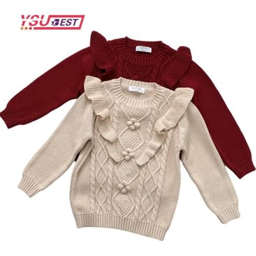 Autumn Kids Baby Girls Sweaters Winter Warm Ruffle Soft Knited Solid Long Sleeve Tops Sweater Outwears Handmade Ball Pullover