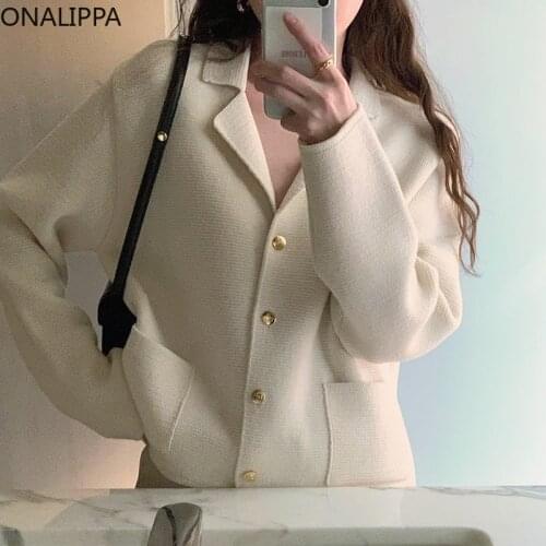 ONALIPPA Autumn Female Coats Korean Chic Vintage Suit Collar Single-Breasted Loose Pocket Design Long-Sleeved Knitted Jacket