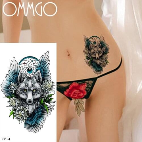 OMMGO Water Transfer Blue Fox Temporary Tattoos For Women Body Art Henna Tatoo Paper Paste Waterproof Flower Fake Tattoo Sitcker