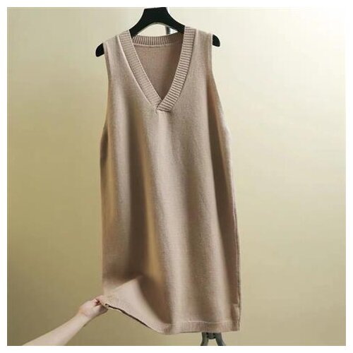 Khaki Korean Spring Fall V-neck Pullover Long Sleeveless Sweater Vest Loose Coat Outcoat Lady Top Cloth for Women girl Waistcoat