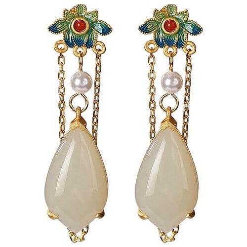 S925 sterling silver gold-plated cloisonne Hetian jade pearl stud earrings retro Chinese style water drop tassel earrings