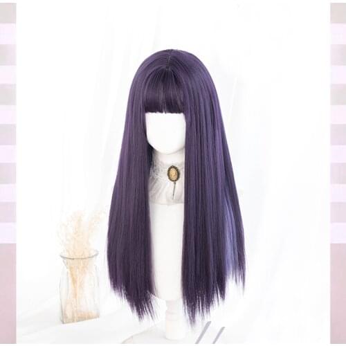 Mixed Purple Highlight Lavender Kawaii Lolita Wig Harajuku 60cm Long Straight Hair Chic Girls Women Princess Cosplay Daily Wear
