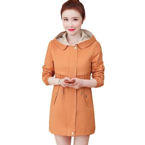 2021 Autumn Womens Trench Coat Long Sleeve Zipper Casual Female Windbreaker Basic Coats Drawstring Elastic Waist Outerwear 3XL