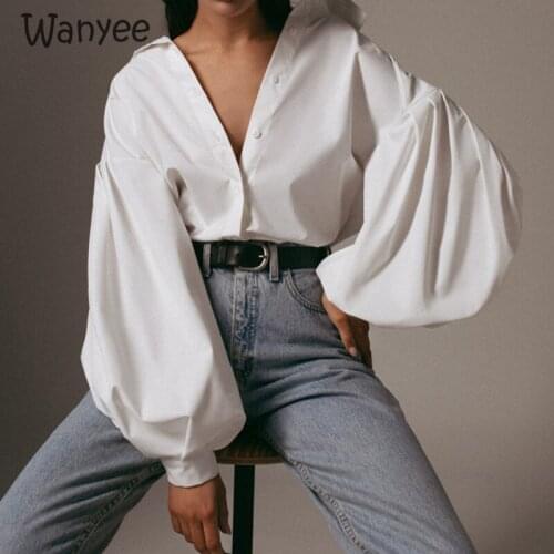 Womens New Pretty Pure Color Loose Lapel Collar Casual All-Match Long Lantern Sleeve Elegant Fashion Female T-Shirts Sexy 2021