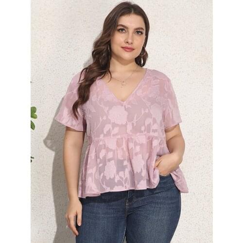 Loose large size short sleeves round collar pink floral T-shirt casual fresh simple blouse women