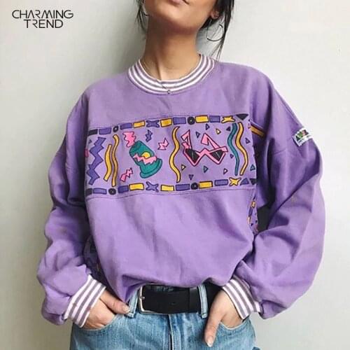 Women Hoodies Purple 2020 Autumn Round Neck Young Girls Female Printed Clothes Loose Cute Women Pullover Sweatershirts Oversize