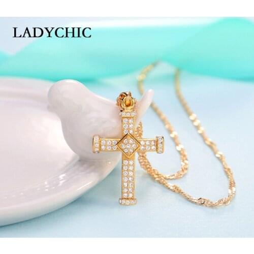 LADYCHIC Gold Cross Pendant Necklaces for Woman Micro Paved Cubic Zircon Christian Jesus Jewelry Accessories Wholesale LN1131