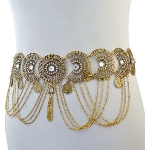Fashion Retro Style Hollow Crystal Tassel Geometric Coin Long Waist Chain Accessories Girls Belt Metal Decoration Golden