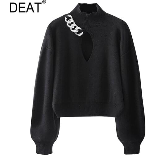 [DEAT] 2021 Spring Autumn New Fashion Tide Solid Color Long Sleeve Turtleneck Hollow Out Chain Knitting Sweater Women 13U856