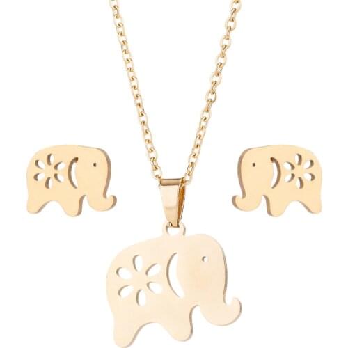 AsJerlya Stainless Steel Jewelry Sets For Women Cute Animal Elephant Necklace Earrings Studs Accessories Dropshipping